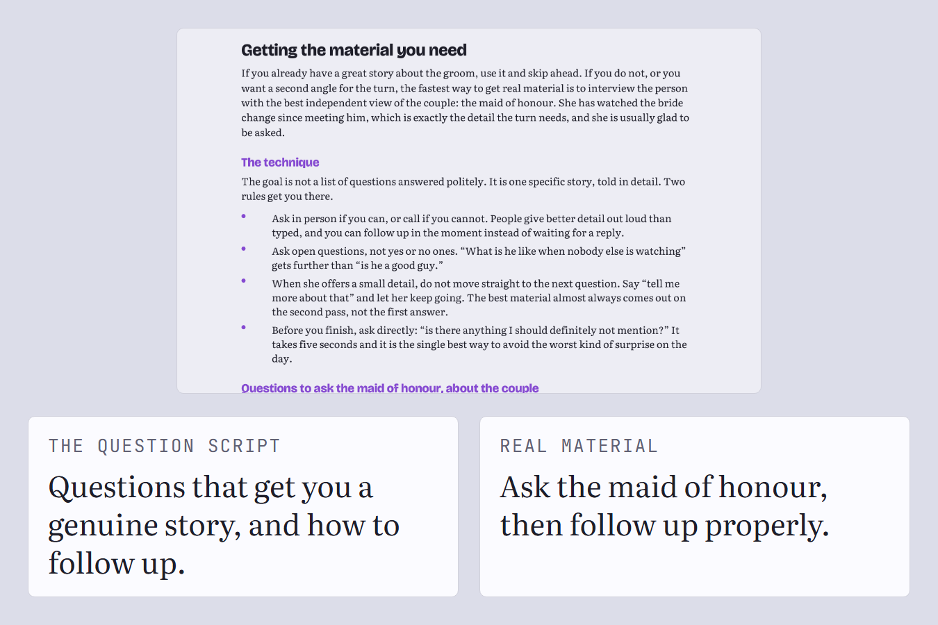 A guide page listing five interview questions to ask the maid of honour about the couple