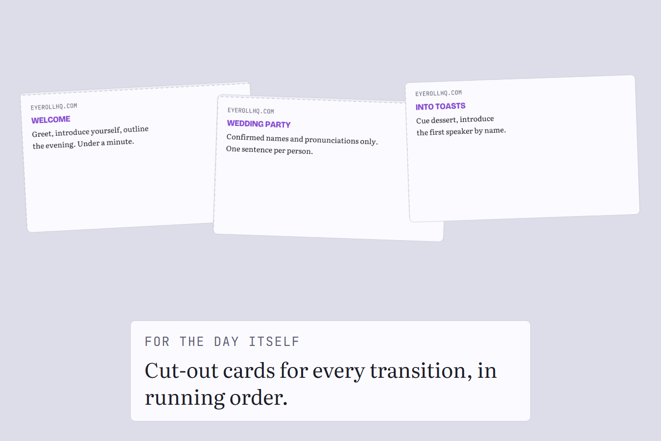 Three printable cue cards cropped from the real cut-out sheet
