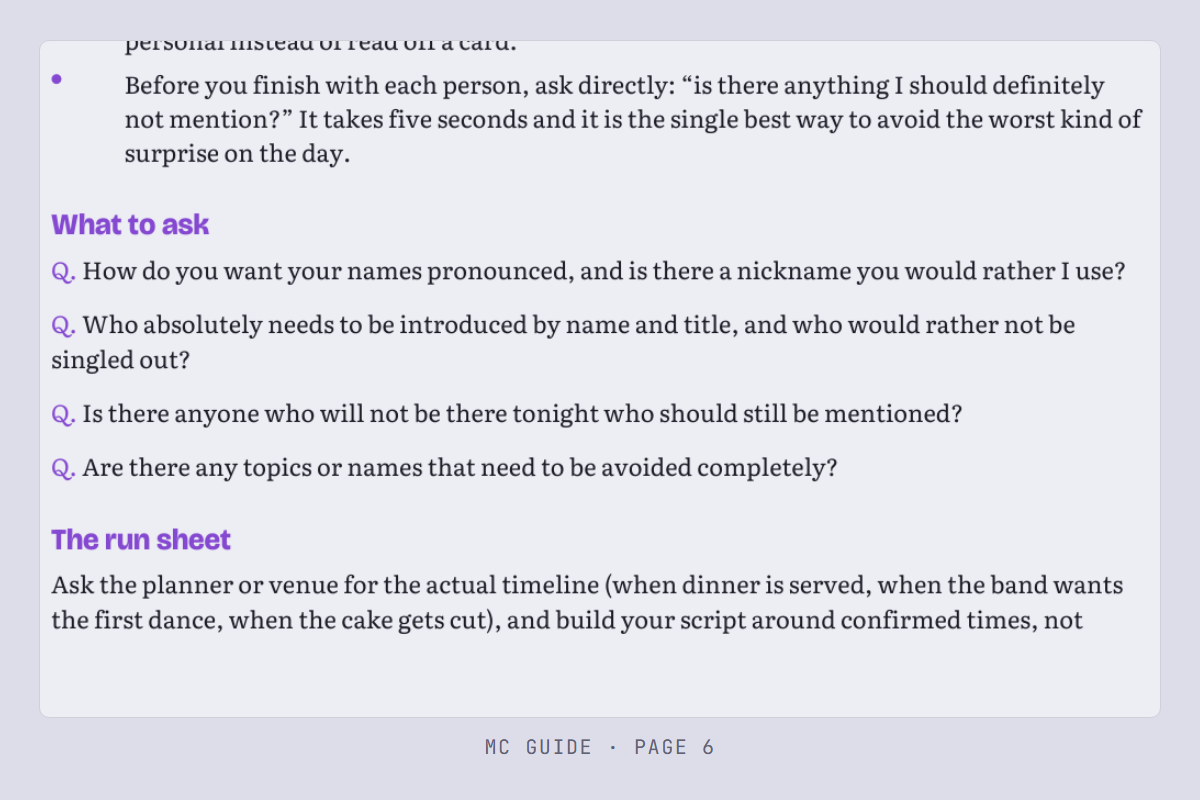 A sharp, fully readable crop of the guide page listing what to ask both families before the day